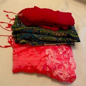 Lot of three scarves hot pink silk iridescent metallic floral silk and paisley